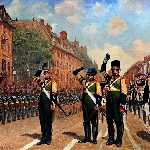 Image similar to pepe the frog saluting prussians soldiers in 1864, military parade, uncroped, expressive oil painting