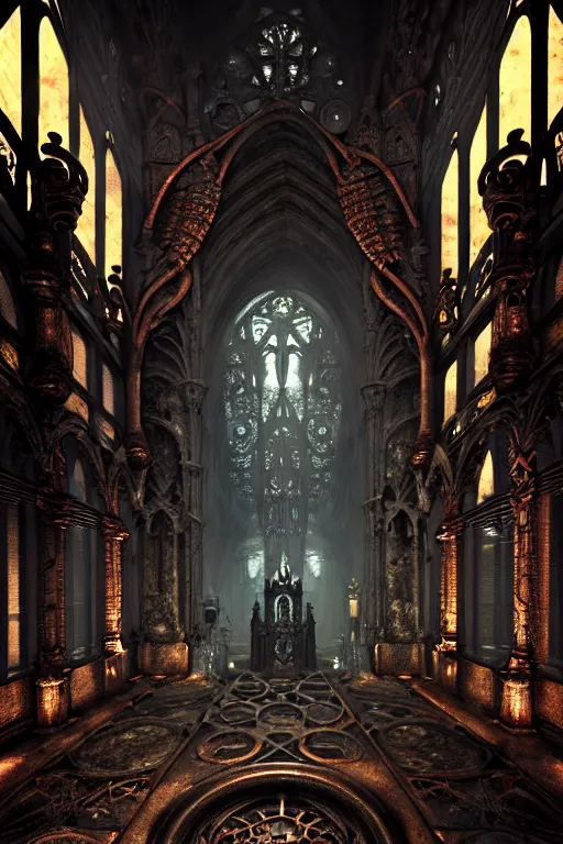 Image similar to steam necropolis, memento mori, gothic, neo - gothic, art nouveau, hyperdetailed copper patina medieval icon, stefan morrell, philippe druillet, ralph mcquarrie, concept art, steampunk, unreal engine, detailed intricate environment, octane render, moody atmospherics, volumetric lighting, ultrasharp, ominous, otherworldly