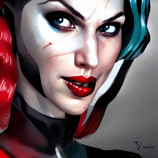 Image similar to a close up face of gal gadot as Harley Quinn, by Stanley Artgerm Lau, WLOP, Rossdraws, James Jean, Andrei Riabovitchev, Marc Simonetti, Yoshitaka Amano, ArtStation, CGSociety, Full body shot