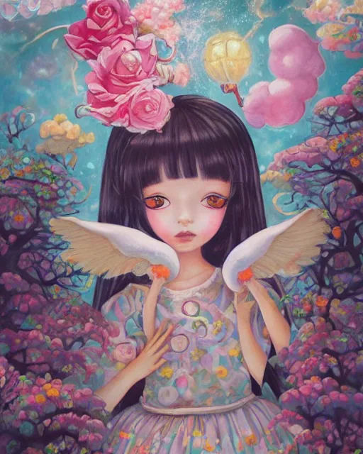 Image similar to a painting of a cute girl with a castle in her hands, poster art by Hikari Shimoda, featured on pixiv, pop surrealism, whimsical, rococo, maximalist