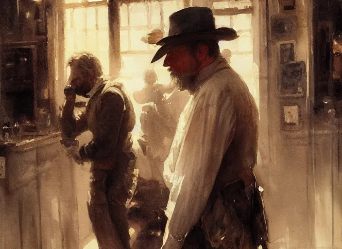 Image similar to oil watercolor painting of dirty man in western bar, shaven stubble, short hair, mysterious light, art by anders zorn, wonderful masterpiece by greg rutkowski, beautiful cinematic light, american romanticism by greg manchess, creation by tyler edlin