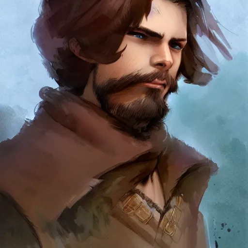 Image similar to a brown haired young swordsman with a short beard in the style of marc simonetti