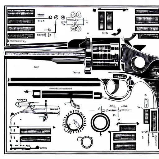 Prompt: a full page schematic diagram illustration of a revolver, ultra detailed, 4 k, intricate, encyclopedia illustration, fine inking lines