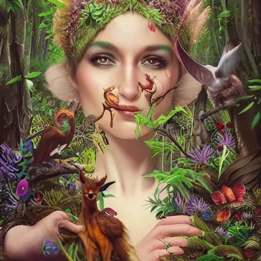 Prompt: lofi druid portrait in a forest surrounded by animals, Pixar style, by Tristan Eaton Stanley Artgerm and Tom Bagshaw.