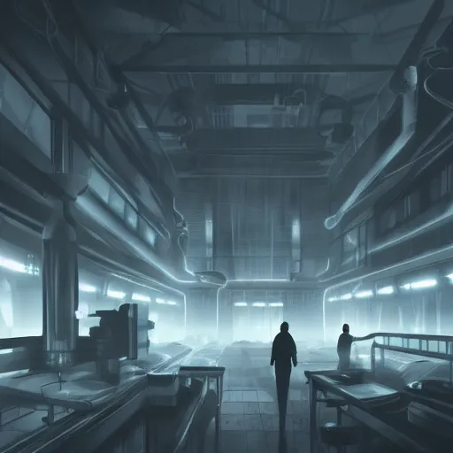 Prompt: a dark futuristic science lab, concept art, epic, fog, dramatic lighting