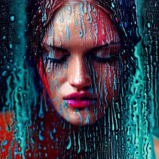 Image similar to dramatic asthetic portrait of revelation in uniquely colored rain with wet hair and face, liquid, joy, bliss, ecstasy, fantasy, intricate, elegant, dramatic lighting, highly detailed, lifelike, photorealistic, digital painting, artstation, concept art, smooth, sharp focus, art by John Collier and Albert Aublet and Krenz Cushart and Artem Demura and Alphonse Mucha