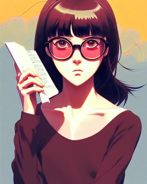 Prompt: girl with circular glasses, reading book | very very anime!!!, fine - face, audrey plaza, realistic shaded perfect face, fine details. anime. realistic shaded lighting poster by ilya kuvshinov katsuhiro otomo ghost - in - the - shell, magali villeneuve, artgerm, jeremy lipkin and michael garmash and rob rey