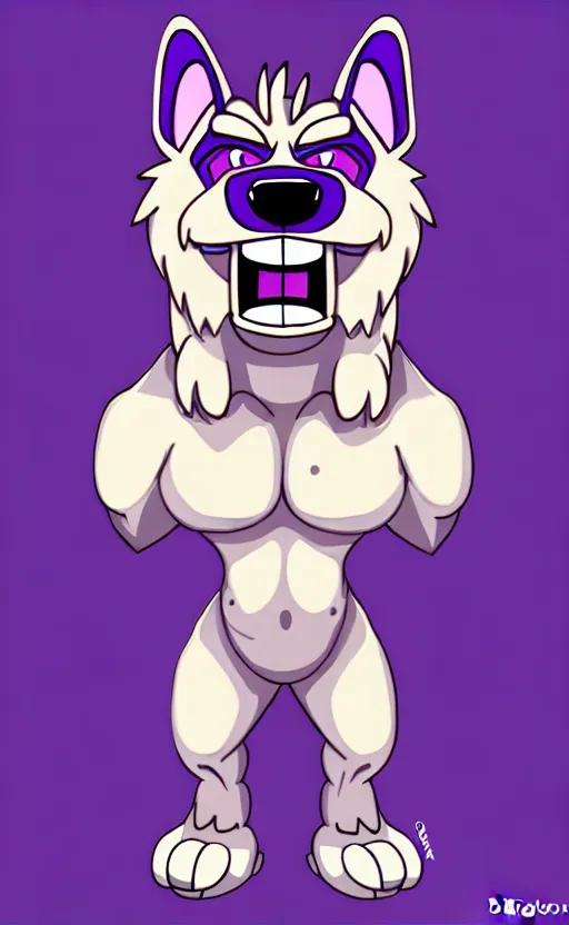 Image similar to painting of an anthropomorphic bulky muscular purple dog, furry style, wearing jeans, deviant art, fursona, professional furry drawing, insanely detailed, bulky dog face, detailed veiny muscles, exaggerated features, beautiful shading, huge white teeth, grinning, standing in a street, flexing and posing