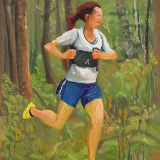 Prompt: a female orienteer runs in the forest, oil on canvas.