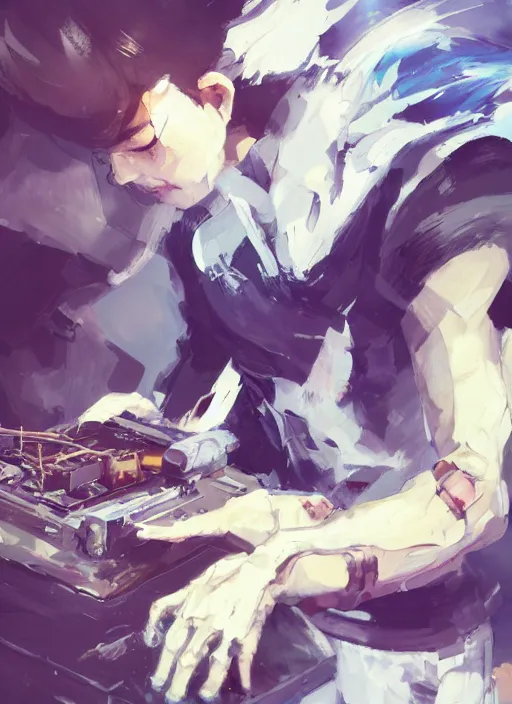 Image similar to semi reallistic gouache gesture painting, by yoshitaka amano, by ruan jia, by Conrad roset, by dofus online artists, detailed anime render of a boy playing vinyl, portrait, cgsociety, artstation, rococo mechanical, Digital reality, sf5 ink style, dieselpunk atmosphere, gesture drawn