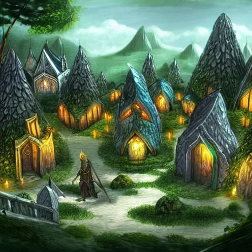 Image similar to elven town in forest, d & d, concept art