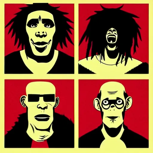 Image similar to [ rage against the machine ] band memebers in style of gorillaz!!, digital art, 2 d, cartoon style, artstation