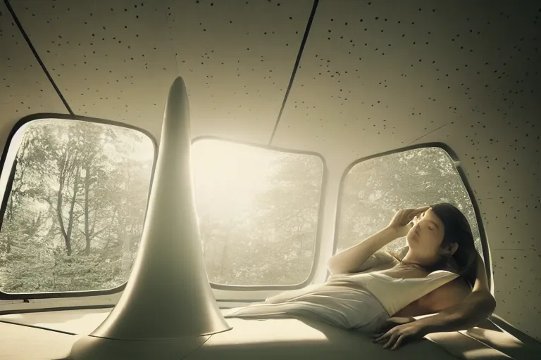 Image similar to fuji 5 0 r 3 5 mm, architectural studio magazine photography, woman sleeps in sci - fi spaceship interior, soft light, golden hour