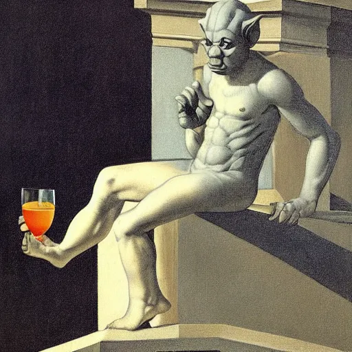 Image similar to a gargoyle offers you a drink by Raphael, Hopper, and Rene Magritte. detailed, romantic, enchanting, trending on artstation.