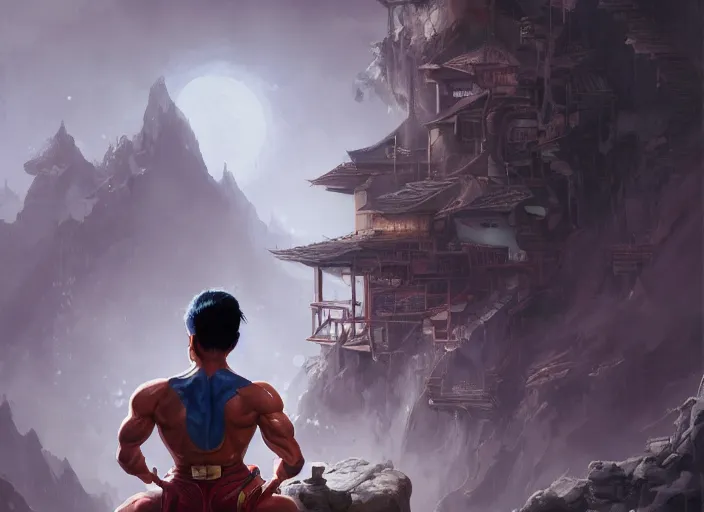 Image similar to an insanely detailed painting of an asian man wearing a homemade superhero costume, sitting at a desk, staring at the nervously at the computer and typing, in the style of peter mohrbacher, dramatic lighting and composition, surreal background, octane render, pixar, trending on artstation, concept art, comic book, view from behind