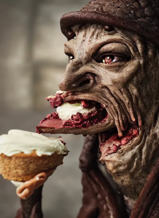 Prompt: closeup profile face portrait of a medieval goblin eating cakes in the cloisters, depth of field, zeiss lens, detailed, symmetrical, centered, fashion photoshoot, by borsch, giger, breathtaking, 8 k resolution, extremely detailed, beautiful, establishing shot, artistic, hyperrealistic, beautiful face, octane render