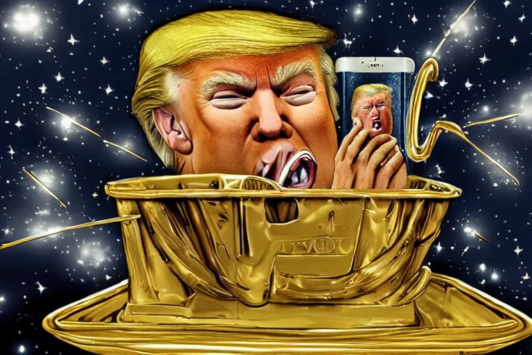 Image similar to David Dees illustration of Donald Trump crying on a golden toilet in a tacky gold bathroom