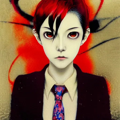 Prompt: yoshitaka amano blurred and dreamy realistic three quarter angle horror portrait of a sinister young woman with short hair, and red eyes wearing a lot of jewellery and office suit with tie, junji ito abstract patterns in the background, satoshi kon anime, noisy film grain effect, highly detailed, renaissance oil painting, weird portrait angle, blurred lost edges