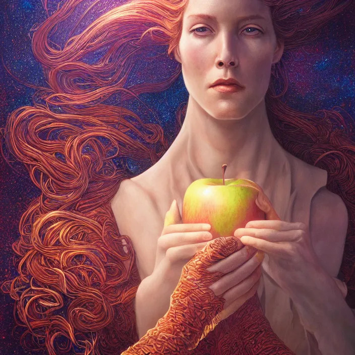 Prompt: portrait of apple, by dan mumford, moebius, guay, barclay shaw, karol bak, jean baptiste monge, high quality, high resolution, smooth 8 k octane rendered with volumetric cinematic dramatic light rutkowsky