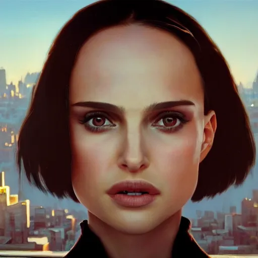 Image similar to closeup portrait of natalie portman from the movie leon the professional, hitman, city background, dramatic light, gorgeous view, depth, high detail, digital art, painted by greg rutkowski and seb mckinnon, by tim burton, trending on artstation