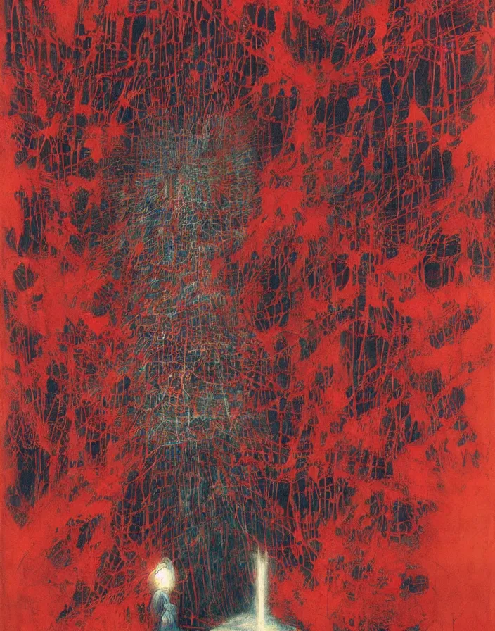 Image similar to worshippers in red robes holding a very large crystal tesseract radiating white light, interior of a small room, glowing crystal tesseract, beksinski painting, part by adrian ghenie and gerhard richter. art by takato yamamoto. masterpiece, deep colours