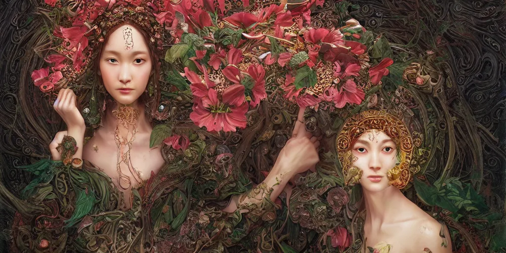 Image similar to breathtaking detailed concept art painting of the goddess of rafflesia arnoldii flowers, orthodox saint, with anxious, piercing eyes, ornate background, amalgamation of leaves and flowers, by Hsiao-Ron Cheng, James jean, Miho Hirano, Hayao Miyazaki, extremely moody lighting, 8K