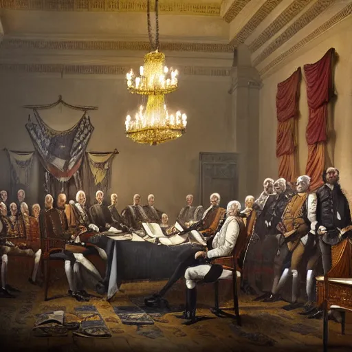 Image similar to founding fathers of america getting raided by swat, highly detailed painting, 4 k resolution photorealistic, high resolution, vray, hdr, hyper detailed, insane details, intricate, elite, ornate, elegant, luxury, dramatic lighting, octane render, weta digital, micro details, 3 d sculpture