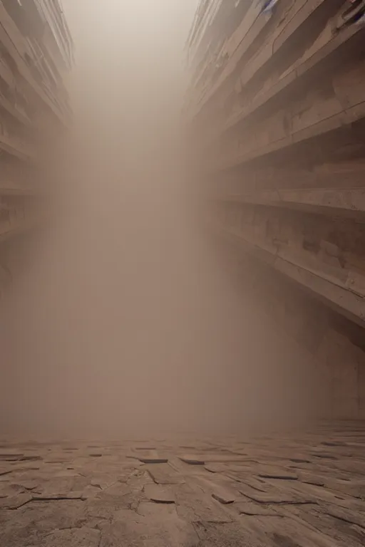 Image similar to inside a tall vetical room, monolithic, open wall architecture, dust cloud enter through giant open windows, high winds, concrete pillars, ancient sci - fi elements, on an alien planet, sun is blocked by dust, pale orange colors, cinematographic wide angle shot, f / 2 4, motion blur