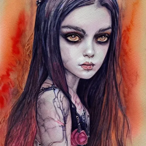 Image similar to watercolor art on paper, scorpio girl portrait gothic, highly detailed, artstation, masterpiece, award - winning