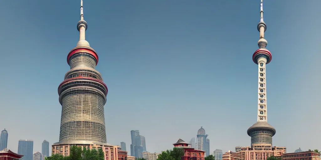 Prompt: a very high resolution image from a new movie, oriental pearl tower, front view, photorealistic, photography, directed by wes anderson