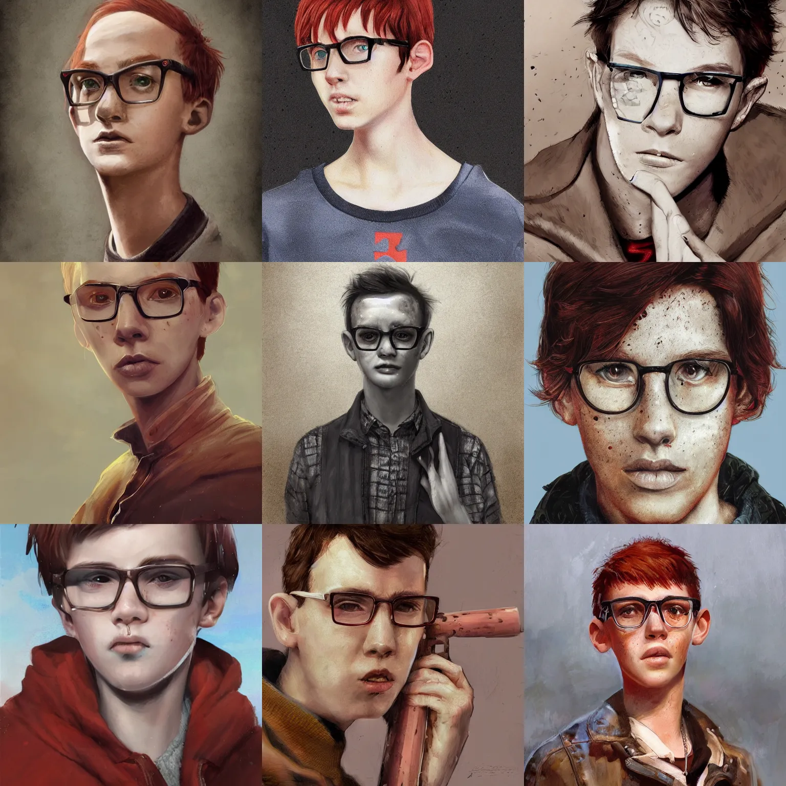 Prompt: portrait of a thin teen boy with red hair and a lot of freckles wearing horn - rimmed glasses, intricate, elegant, highly detailed, digital painting, artstation, concept art, sharp focus, illustration, art by aleksi briclot, rutkowski