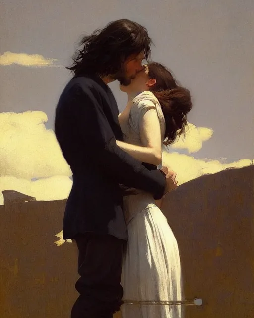 Image similar to a guy and a girl kissing, art by greg rutkowski, gustave courbet, rosa bonheur, edward hopper. faithfully depicted facial expression, perfect anatomy, sharp focus, global illumination, radiant light, detailed and intricate environment, trending on artstation