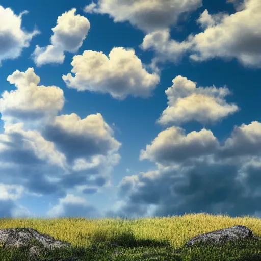 Image similar to puffy peaceful clouds, matte painting, 4k