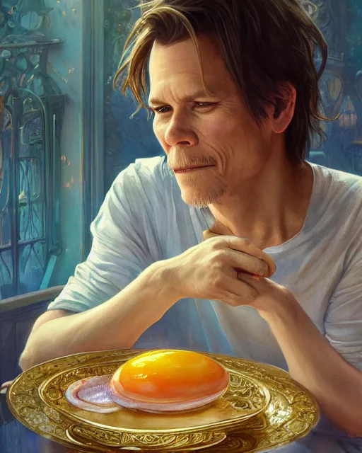 Image similar to kevin bacon eating fried eggs, highly detailed, gold filigree, romantic storybook fantasy, soft cinematic lighting, award, disney concept art watercolor illustration by mandy jurgens and alphonse mucha and alena aenami, pastel color palette, featured on artstation