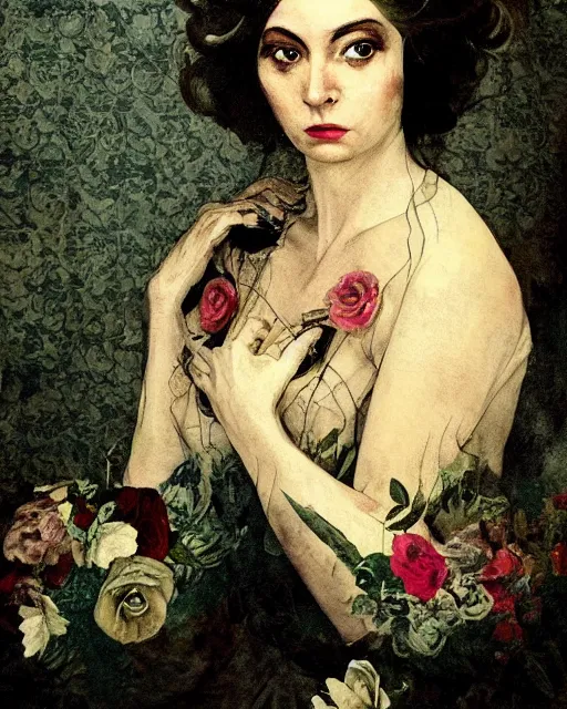 Prompt: a beautiful and eerie baroque painting of a beautiful but serious woman in layers of fear, with haunted eyes and dark hair piled on her head, 1 9 7 0 s, seventies, floral wallpaper, wilted flowers, deathly pallor, morning light showing injuries, delicate ex embellishments, painterly, offset printing technique