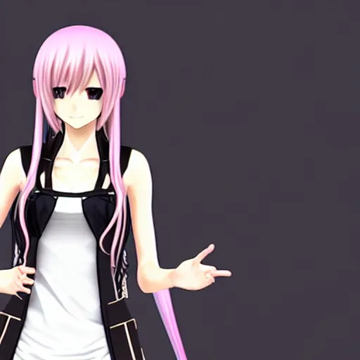 Prompt: megurine luka v 4 in basic outfit looks at camera and smiles
