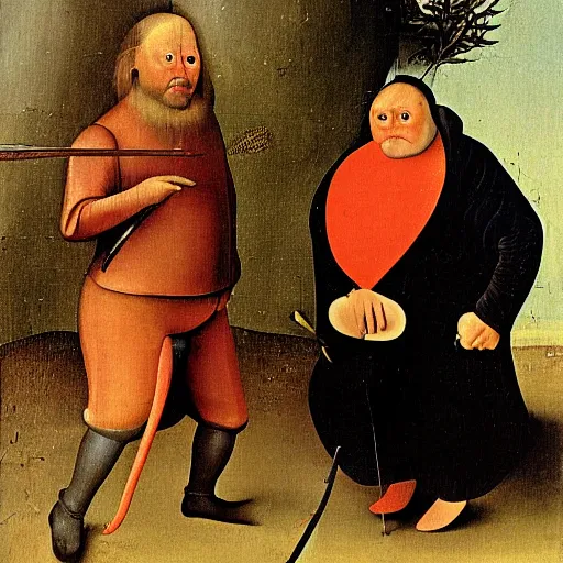 Prompt: painting of Tim and Eric by Hieronymus Bosch