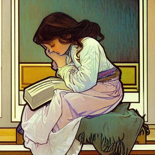 Prompt: a little girl sitting on a pile of books reading a book. beautiful painting with high quality detailed face by alphonse mucha. flat colors, plain white background