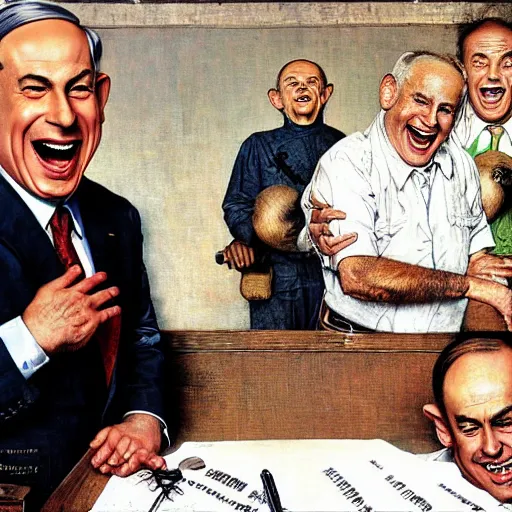 Prompt: benjamin netanyahu laughing hysterically at computer screen, by norman rockwell and michael cheval