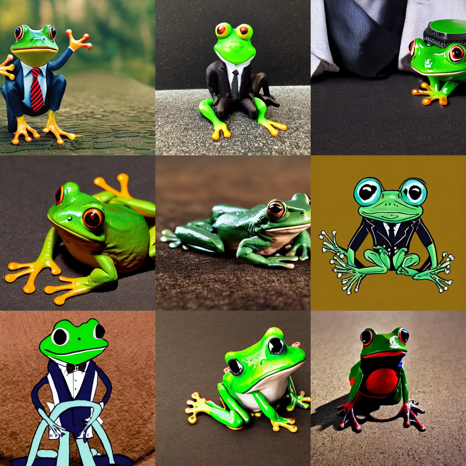 Prompt: a frog on all fours wearing a suit and tie