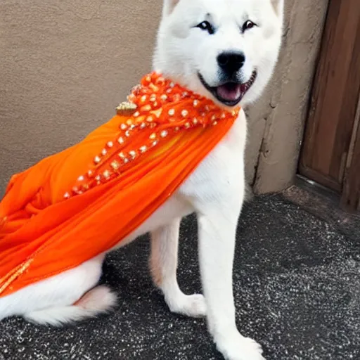 Image similar to a photo of a white husky dog wearing and orange saree