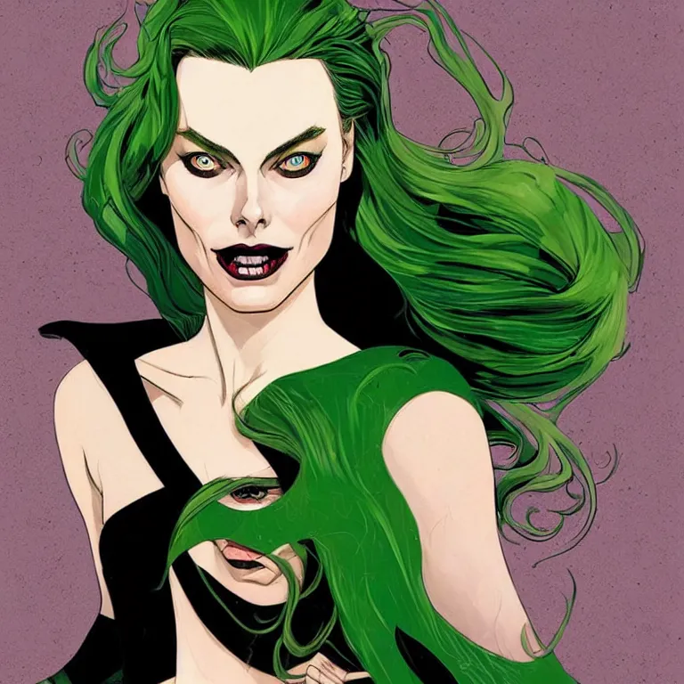 Prompt: Beautiful female witch margot robbie, style of Joshua Middleton comic book art Nick Dragotta comic art, black and green eyes, symmetrical face, symmetrical eyes, scary smile, dark green dress, painterly style