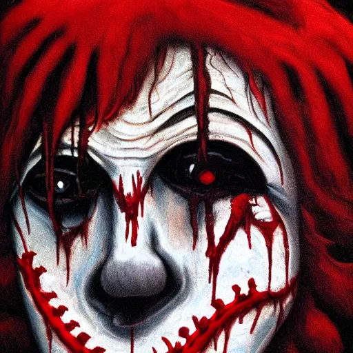 Image similar to nightmare clown drowning in his sorrows and depression, surrealist horror painting with soft, gothic red black and brown colors. soft paint strokes evoking profound sadness, killer clown spiraling into hopelessness. renaissance oil painting, incredibly detailed.