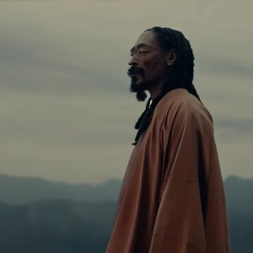 Image similar to cinematic film still of Snoop Dogg starring as a Samurai holding fire, Asian CGI, VFX, 2022, 40mm lens, shallow depth of field, film photography