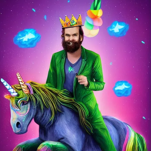 Image similar to pewdiepie riding a unicorn, pointing in the right direction, wearing a crown, green paradise landscape, vivid colors, pastelle, digital art, trending on artstation