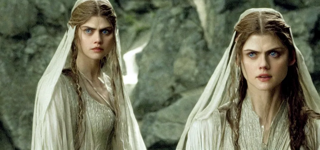 Image similar to still of alexandra daddario as galadriel in the lord of the rings ( 2 0 0 1 )