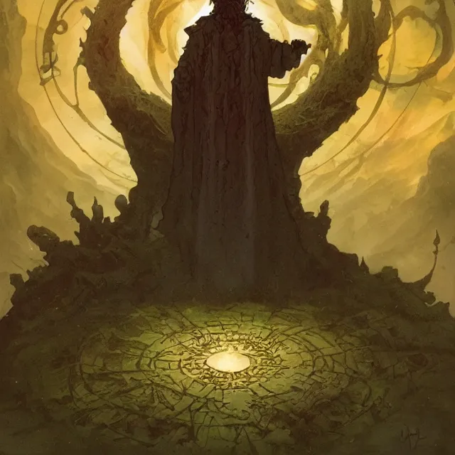 Image similar to a druid standing in a circle at the beginning of the world by alan lee and peter mohrbacher and mike mignola