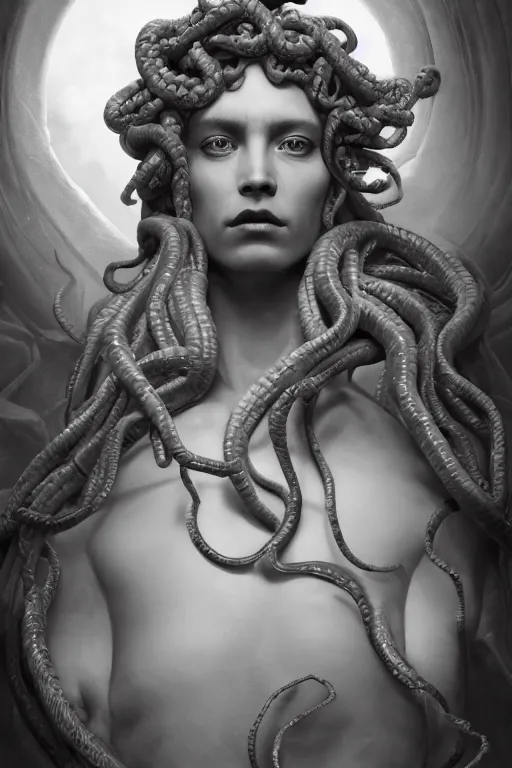 Image similar to A portrait of medusa as a black marble statue with white streaks by Greg Rutkowski, Sung Choi, Mitchell Mohrhauser, Maciej Kuciara, Johnson Ting, Maxim Verehin, Peter Konig, Bloodborne , 8k photorealistic, cinematic lighting, HD, high details, dramatic, atmospheric , trending on artstation