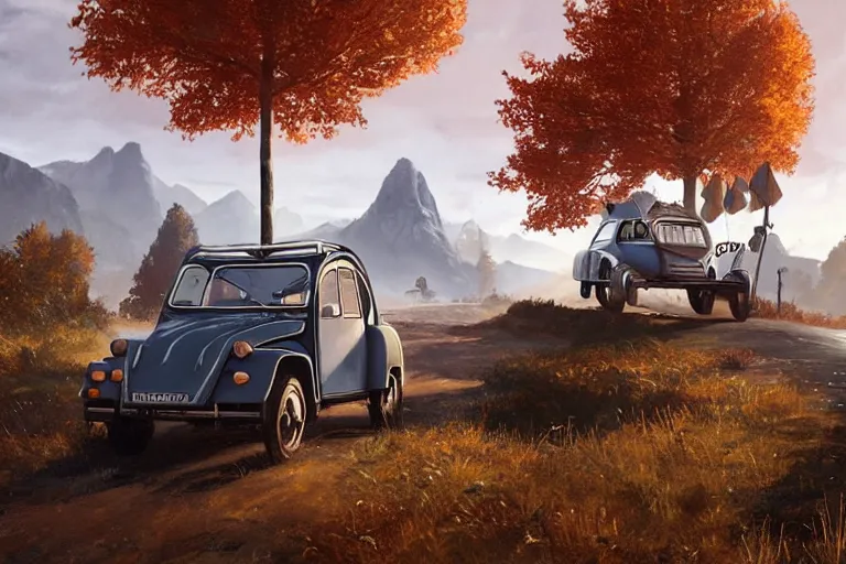 Image similar to offroad citroen 2 cv ( 1 9 6 5 ) driving across the rift, riften city in the background, epic fantasy, autumn, the elder scrolls v : skyrim, dramatic lighting, establishing shot, by simon stalenhag