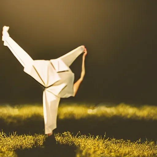 Image similar to a man made of origami dancing, dramatic lighting, with bokeh effect in a sunny meadow